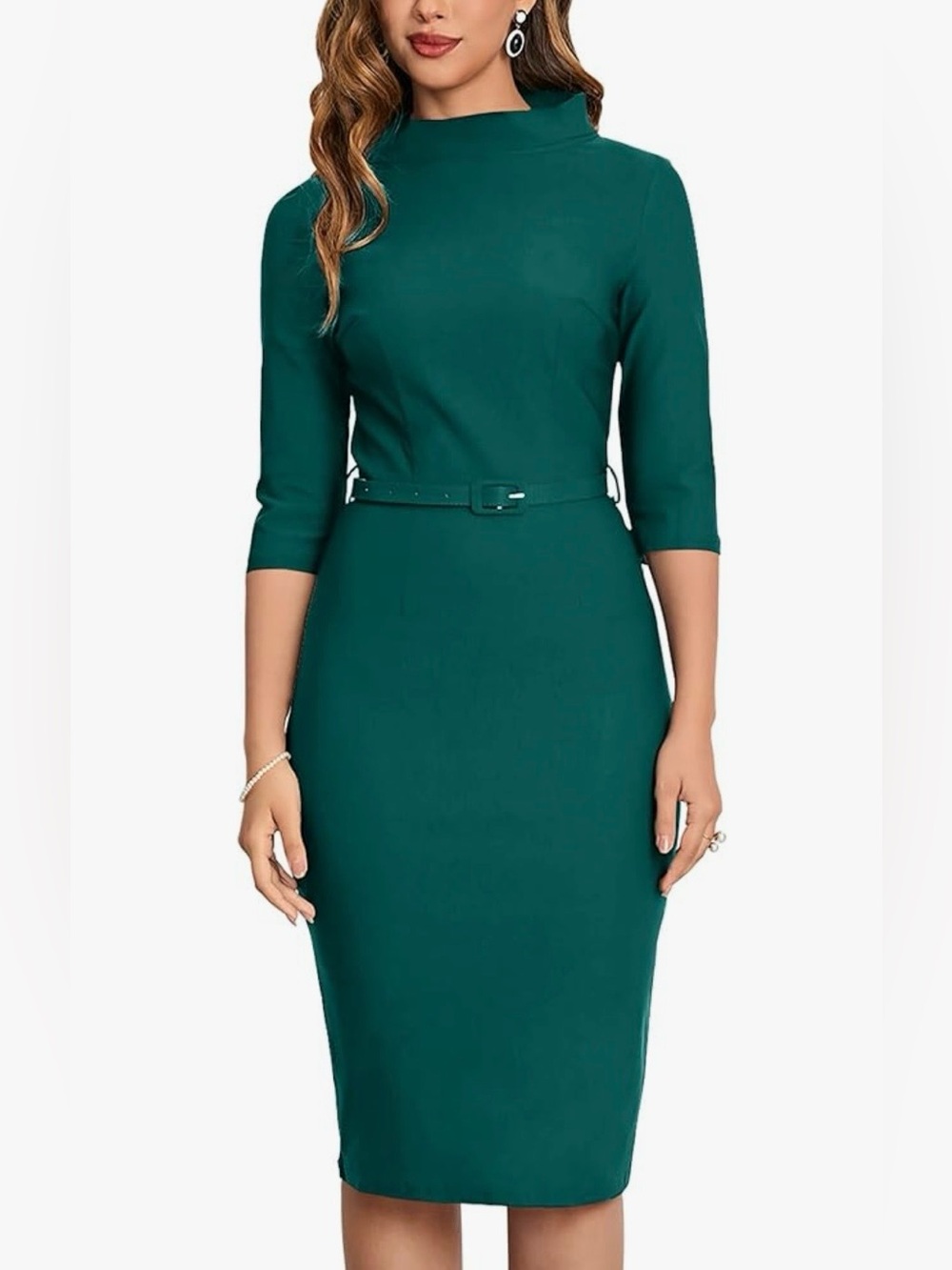 Elegant Teal Long-Sleeve Midi Sheath cocktail Dress with Slim Belt